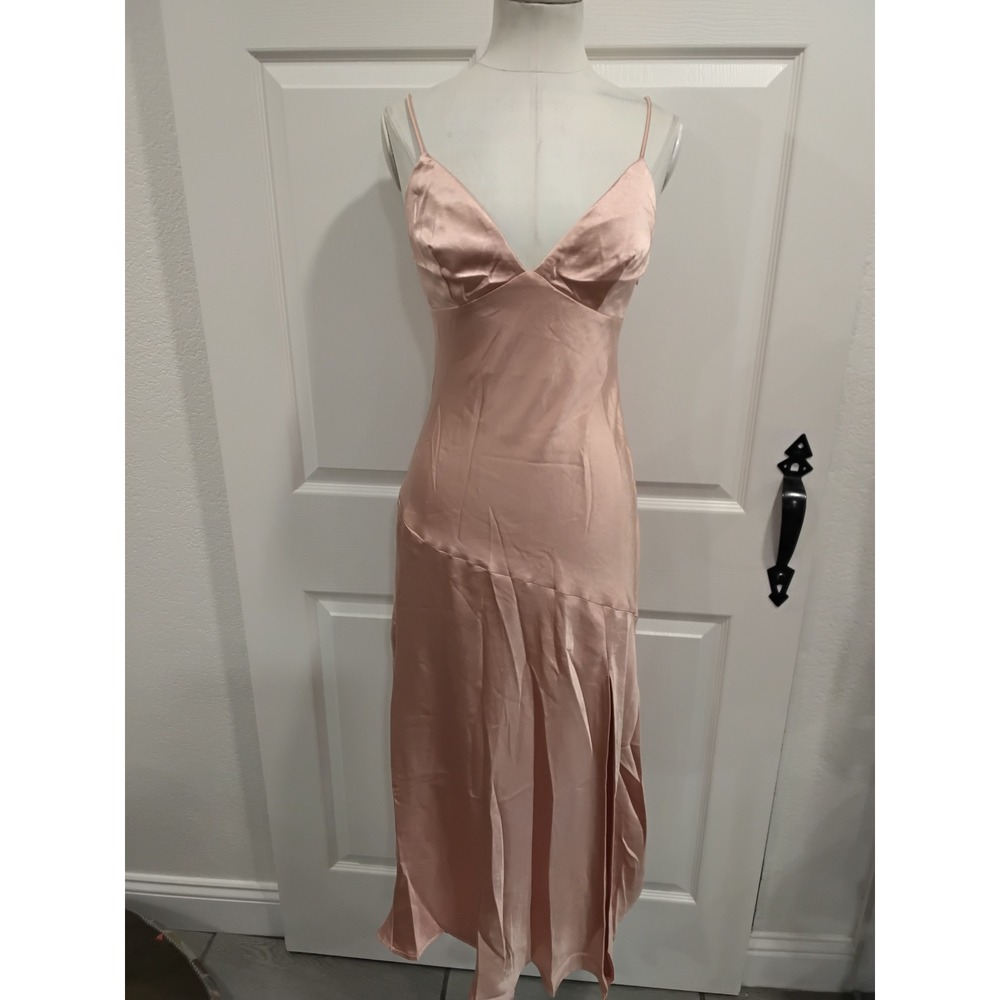 NWT Saints Secrets Blush Pink Satin Slip Midi Dress Asymmetrical Hem Size M‎